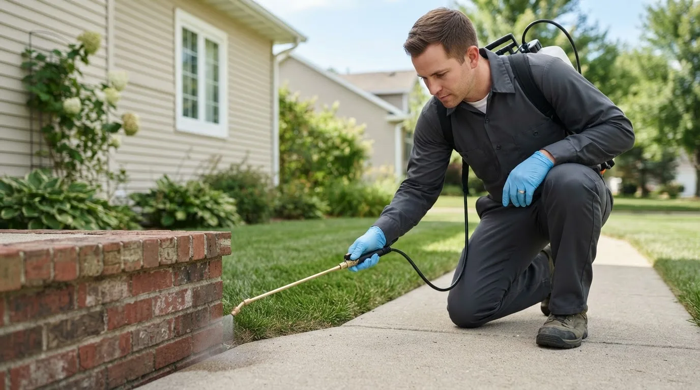 Pest control technician treating a home near Seabrook, NH