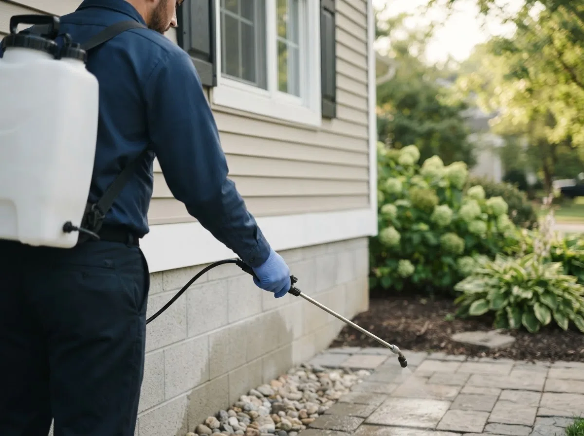 Pest control technician inspecting a home in Seabrook, NH